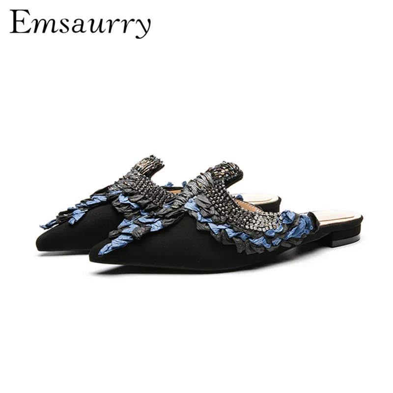 

Novelty Wrinkled Slippers Women Black Sexy Pointed Toes Flat Mules String Bead Crystal Outwear Shoes Woman