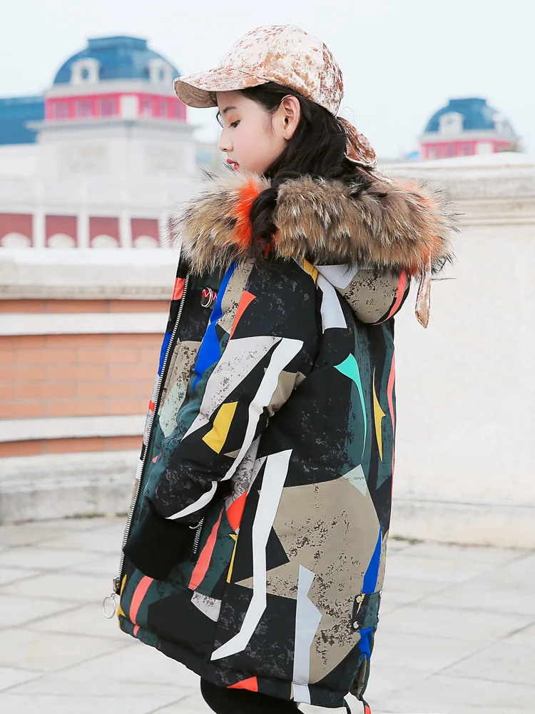 

2019 Girl Winter Hooded Jackets Clothing Children Warm Fur Collar Colorful Coat Kids Long Down Outerwear 120-160
