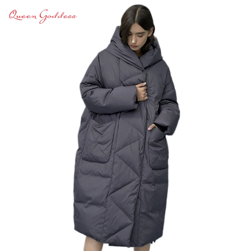 Kopen Winter en Herfst Uitloper Vrouwen Witte Eend X Lange Down Warme Jas in Hooded Mode Cocon Parka Plus size 7XL ontwerp