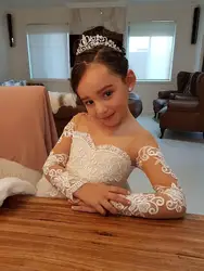 Элегантное Пышное Бальное Платье в цветочек для девочек для свадьбы, из прозрачной ткани одежда с длинным рукавом аппликация кружево Тюль