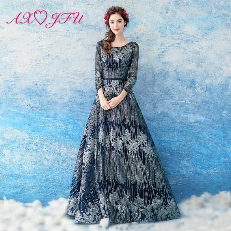 

AXJFU blue lace princess evening dress beading flower o neck vintage luxury boho beach navy blue sparkly evening dress 2389