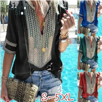 

Women Summer Bohemian Top Chiffon Tunics Blouses Big Size Shirt Female Autumn Loose Blouse Boho Print Plus indie folk Blusas