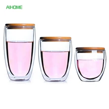 250/350/450 мл двойные стенки стеклянные кофейные кружки с бамбуковой крышкой кружки для чая, молока Ручной Работы Прозрачная Питьевая Посуда Copo Caneca Criativa