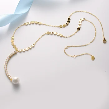 

925 Silver 3A Grade CZ Pearl Long Pendant Necklaces for Women Gold Disc Round Sequins Coin Chain Necklaces 10pcs Lot Wholesale