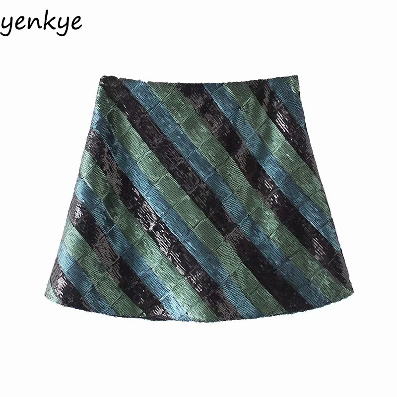 

Fashion 2019 Skirts Womens Back Zipper High Waist A-line Sequin Mini Skirt AAZZ9143