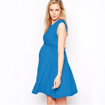 

Maternity Women Summer Sleeveless V-Neck Knee Length Vest Dress New Mom Easy Breast-Feeding Western Styl Elastic Big Swing Dress