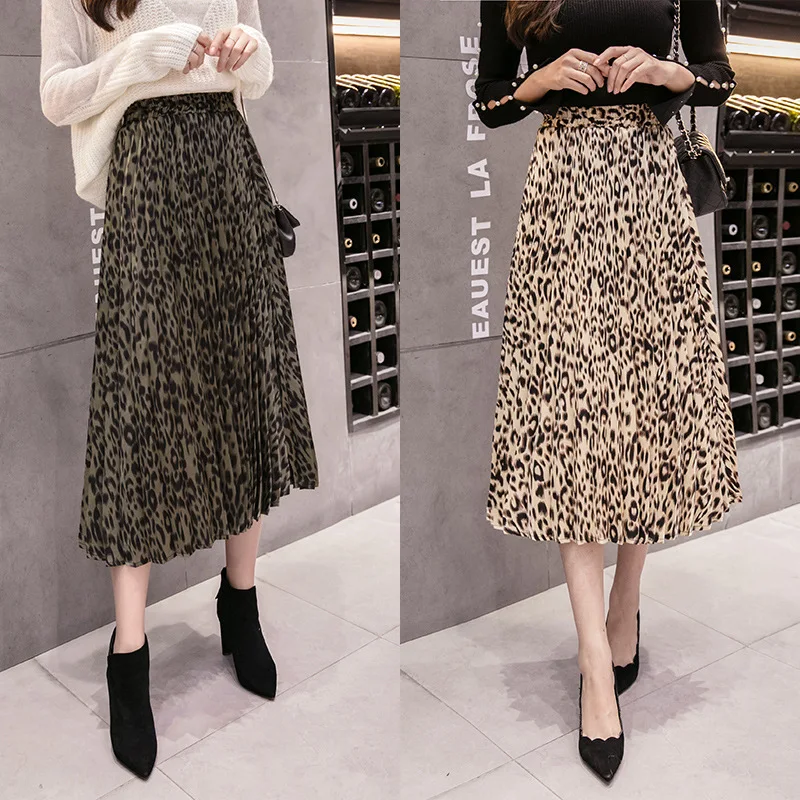Осень и зима атласная Женская юбка с эластичной талией плиссированная длинная юбка Сексуальная леопардовая юбка А-силуэта Женская