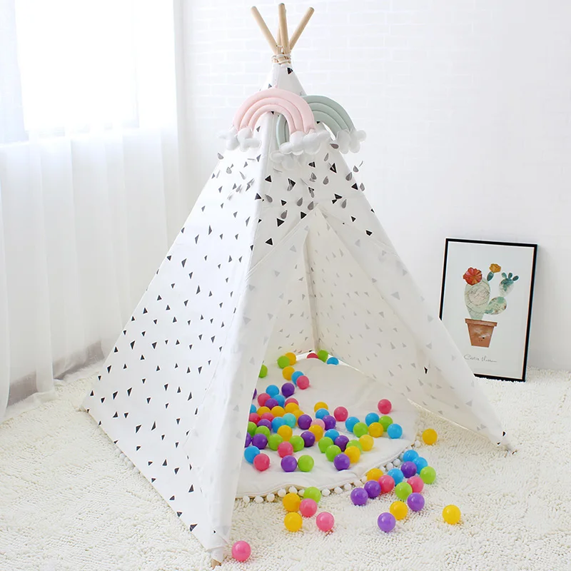 Four Poles Kids Tent Black Triangle Printed Teepee Children Play Tent Cotton Canvas Tipi for Baby Room Toy Ins Hot цена Four Poles Kids Tent Black Triangle Printed Teepee Children Play Tent Cotton Canvas Tipi for Baby Room Toy Ins Hot цены онлайн