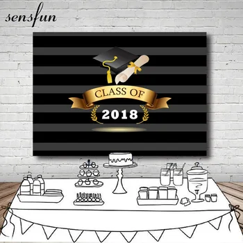

Grey And Black Striped Graduation Backdrop Gold Ribbon Bachelor Cap Diploma Backgrounds For Photo Studio 7x5FT Vinyl