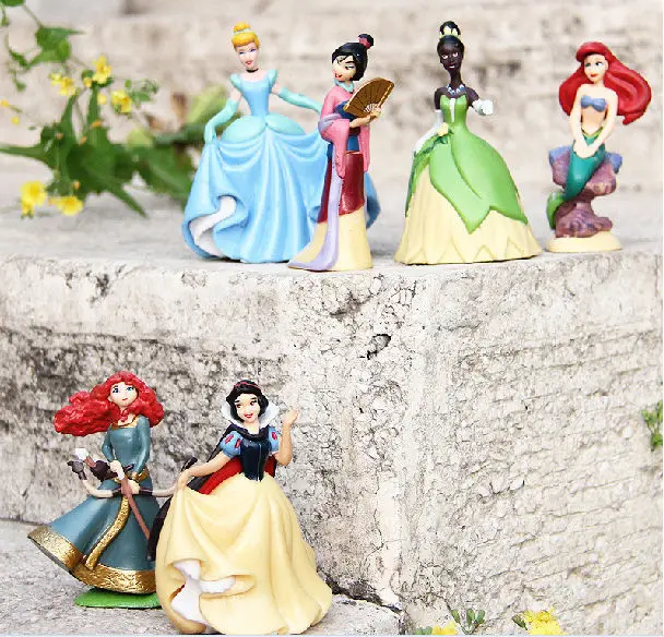 

6PCS/Lot Anime Cartoon Princess Doll Snow White Ariel Cinderella Merida Tiana Hua Mu-Lan PVC Action Figure Toys Free Shipping