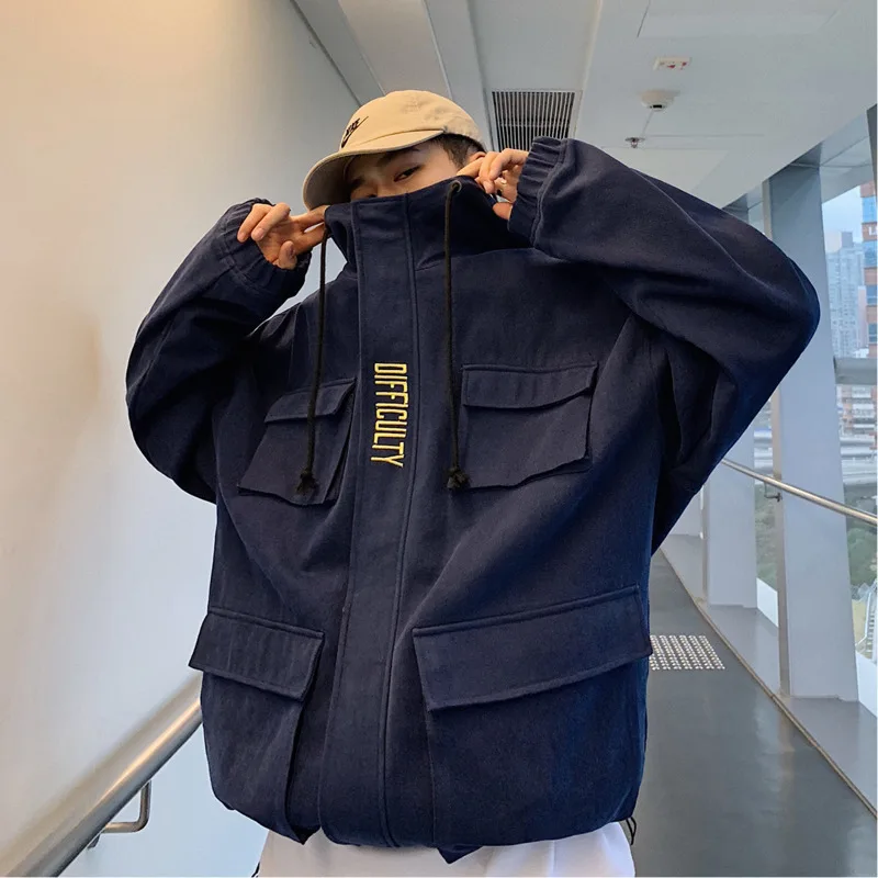 navy blue Новая весенняя Мужская куртка с капюшоном, модная однотонная Повседневная Рабочая ветровка, мужская уличная куртка в стиле хип-хоп, свободная куртка-бомбер для мужчин - Цвет: navy blue