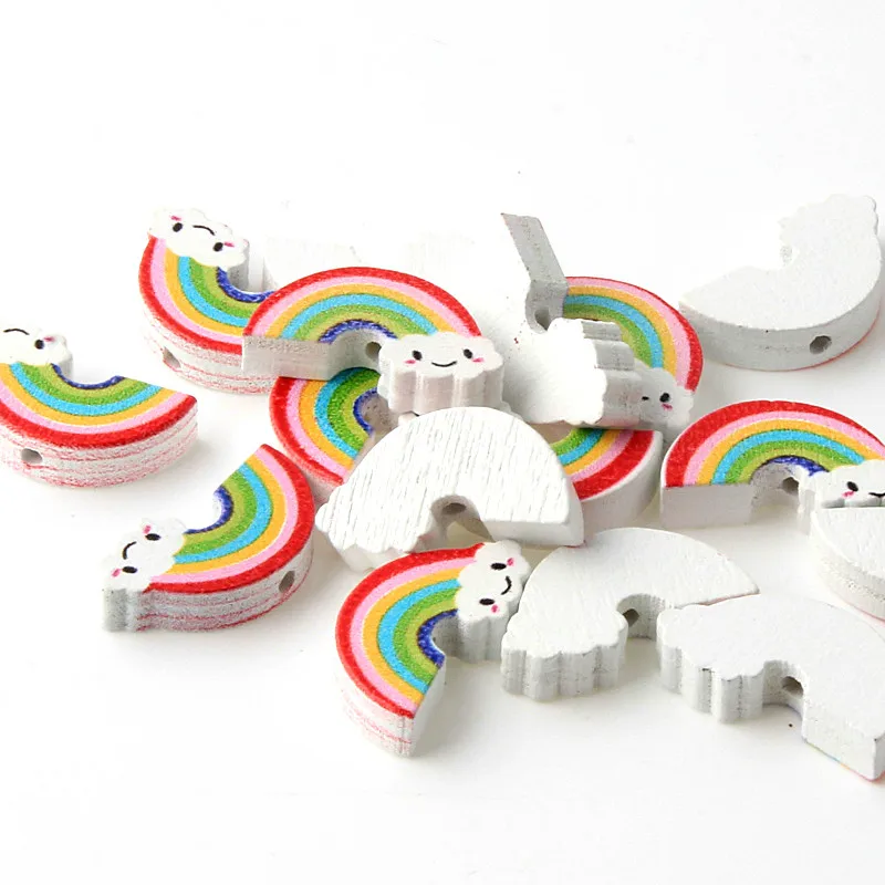 50pcs Rainbow White Clouds Wood Beads Spacer Beads Handmade DIY Craft Accessories Jewelry Making Scrapbooking Wedding Decoration