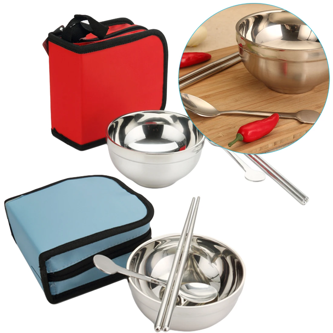 Acero inoxidable vajilla Portable viaje Camping tazón palillos cuchara conjunto herramienta de Picnic al aire libre Tablewares