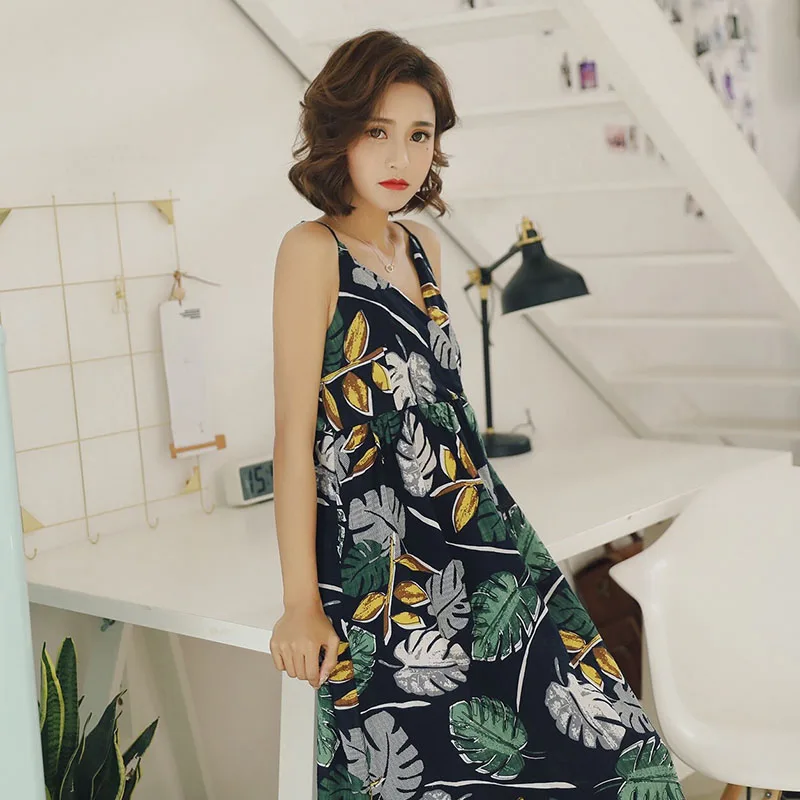 

Women Nightgown Summer Comfort Sleep Dress Banana Leaves Printed V-Neck And Sleeveless Long Dress Ladies Casual Wear Homewear