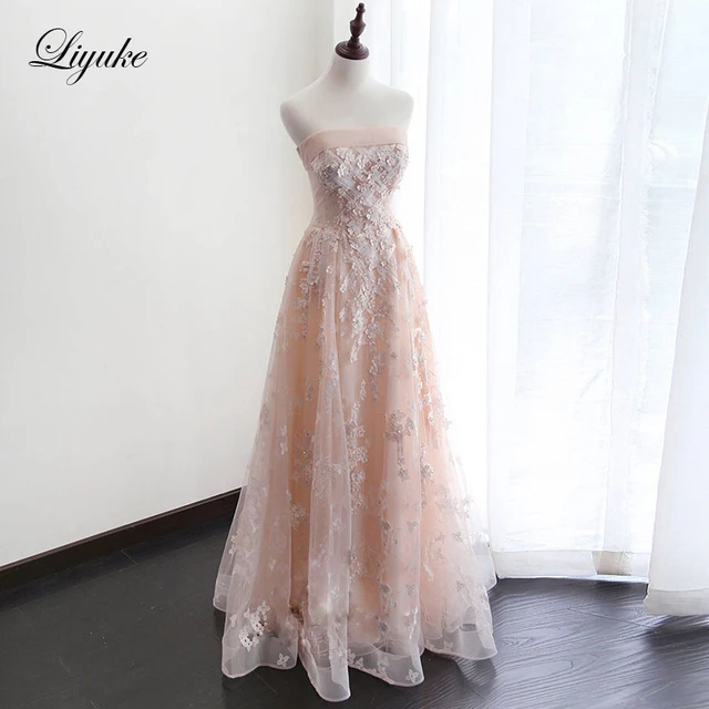 Liyuke Lustrous Lace Strapless Sleeveless A-Line Mother of the bride dress  With Beading Pearls Sequined