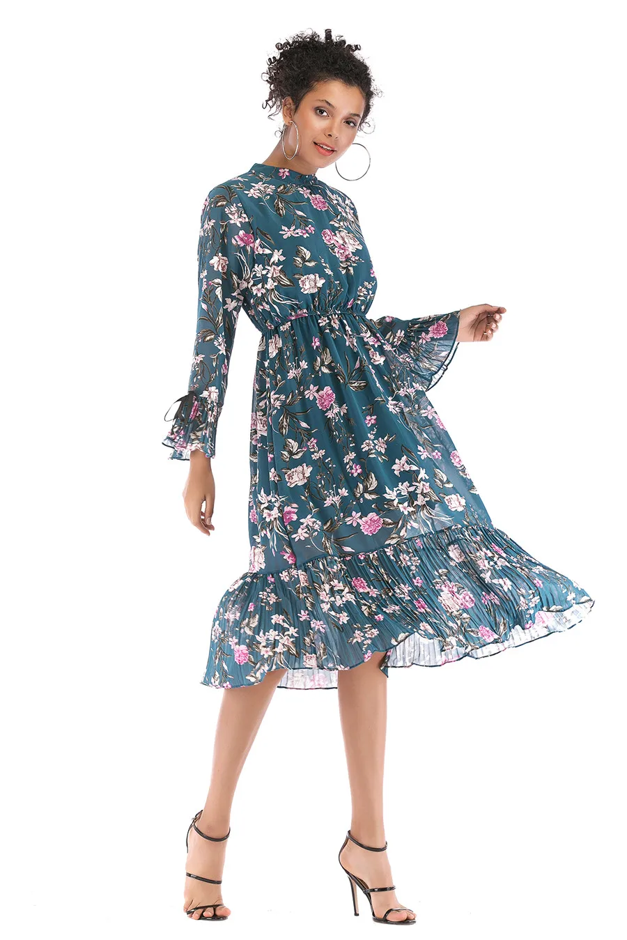 Gladiolus Floral Print Spring Autumn Women Dress 2019 O-Neck Lace Up Flare Sleeve Tunic Chiffon Dress Women Midi Party Dresses (18)