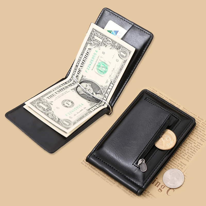 New Classic Fashion Men Dollar font b Clip b font Black Coffee Bright Leather 2 Folds