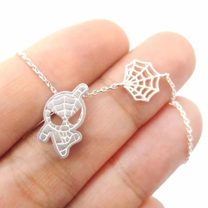 SPIDER-MAN AND WEB SHAPED CHARM NECKLACE IN SILVER MARVEL SUPER HEROES