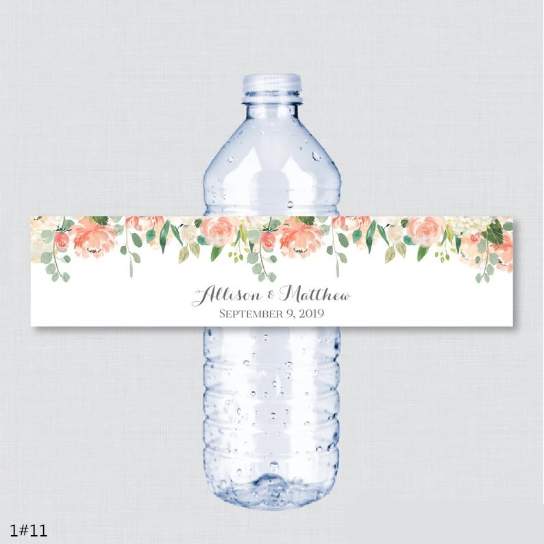 24 шт. свадебные этикетки на бутылки для воды с именем на заказ, вечерние этикетки на бутылки для воды с цветком персика на день рождения