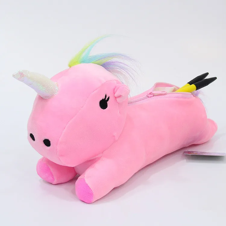 1pcs Animals Stuffed Cartoon Unicorn Horse Creative Colorful Soft Students Lovely Plush Purses Coin Bag Pen Pencil Case Pen Bag - Color: pink