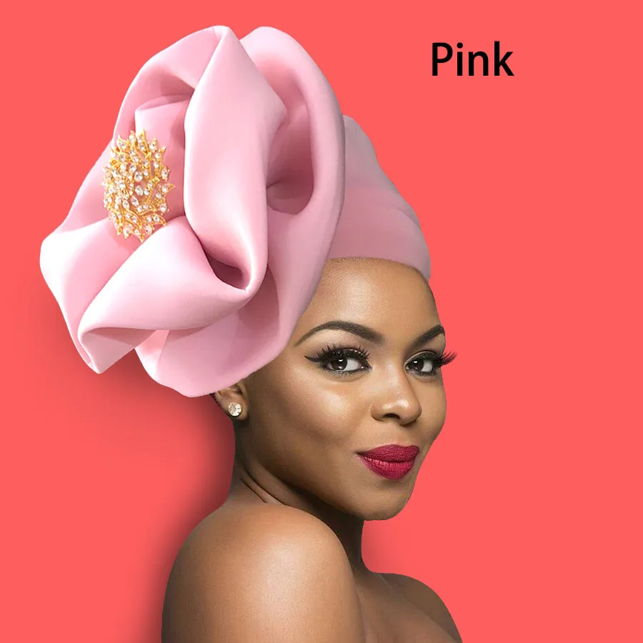 Women turban cap fashion flower decorate traditional African headtie solid headwrap cap (5)