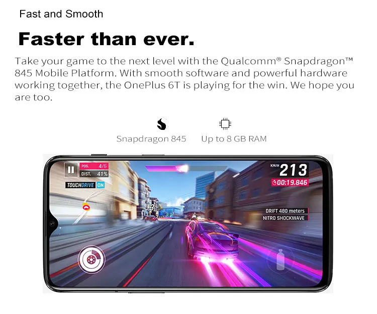 ONEPLUS 6T A6010 8GB RAM 128GB ROM Qualcomm Snapdragon 845 2.8GHz Octa Core 6.41 Inch 2.5D AMOLED Corning Gorilla Glass 6 FHD+ Full Screen Dual Camera Android 9.0 4G LTE Smartphone