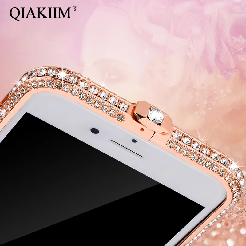

Luxury Bling Metal Crystal Rhinestone Bumper Case For iPhone 6 6S 7 8 Plus X Cover Glitter Aluminum Crown Diamond Frame + Film