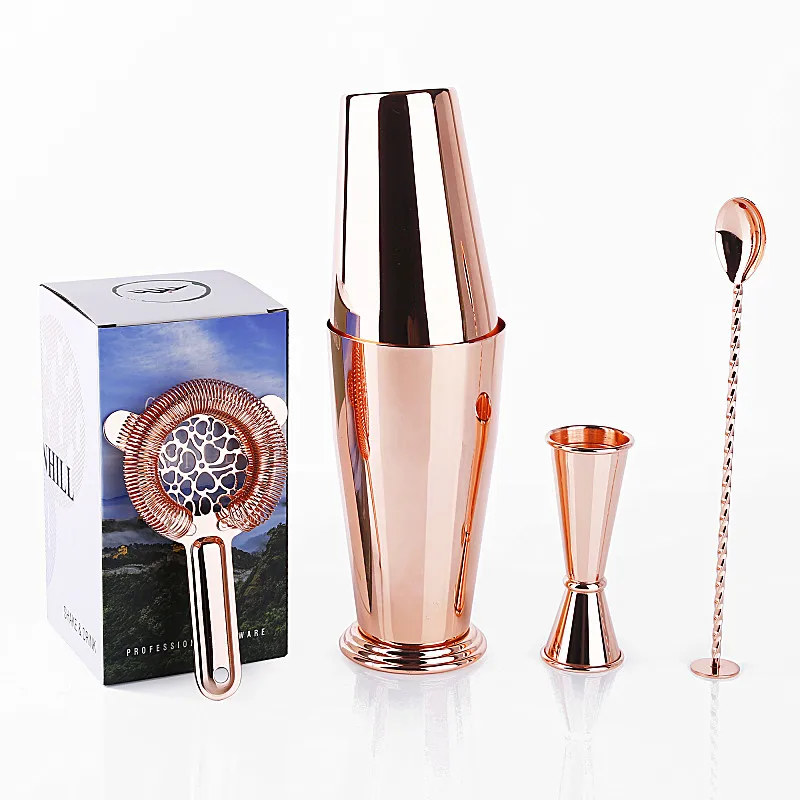 

Premium Cocktail Shaker Set in Copper Plated - 5 Pieces Bartender Kit of Boston Tins, Jigger, Hawthorne Strainer & Muddler Spoon