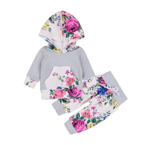 

Cute Newborn Baby Girls Flower Long Sleeve Hooded Tops Pants Outfits Set Clothes Size 0-24M