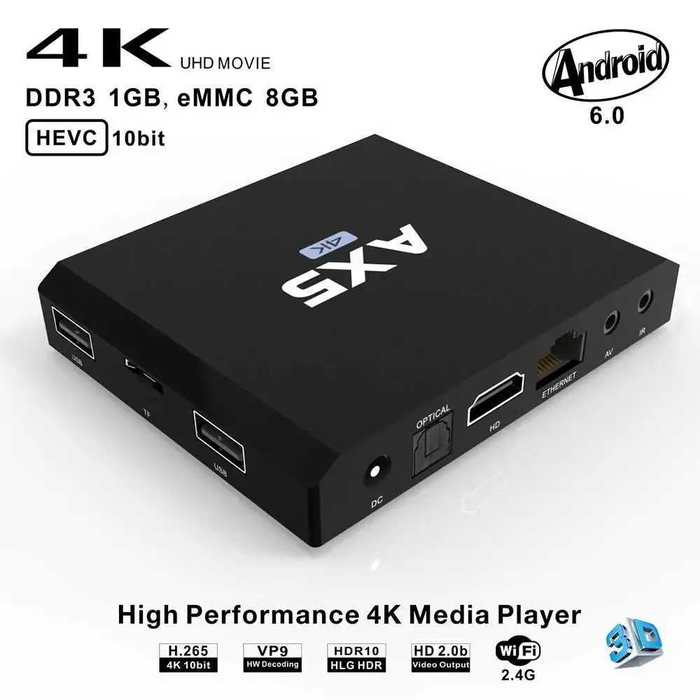 

AX5 TV BOX S905X Quad Core Android 6.0 RAM 1GB ROM 8GB 2.4GHz WiFi HEVC UHD 4K Media Player Smart tv box PK V88 X96 A5X Plus K2