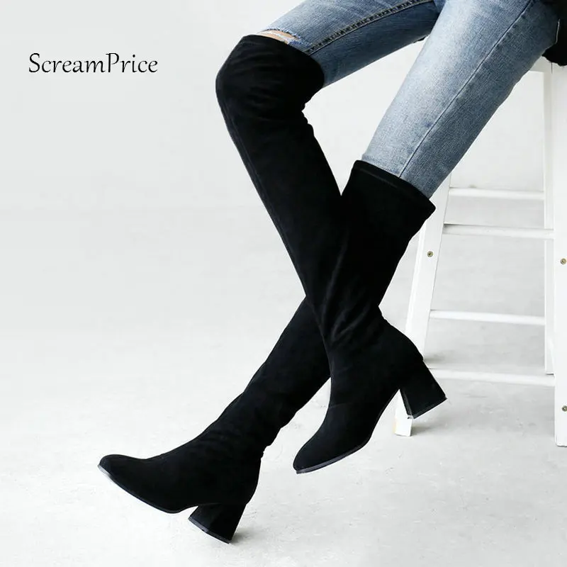 

Woman Low Thick Heel Slip On Suede Over The Knee Boots Square Toe Winter Thigh Boots Fashion Ladies Stretch Boots Black