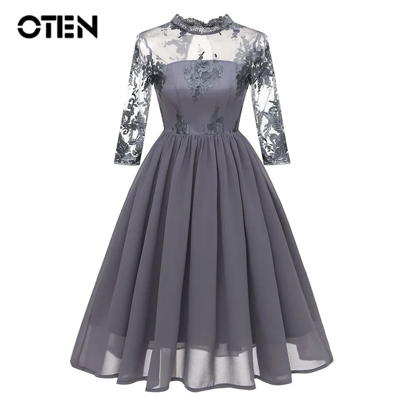 OTEN Autumn 2018 Women Elegant Long Sleeve O Neck Mesh Lace Patchwork transparente pleated chiffon Flower Embroidery party dress | Женская