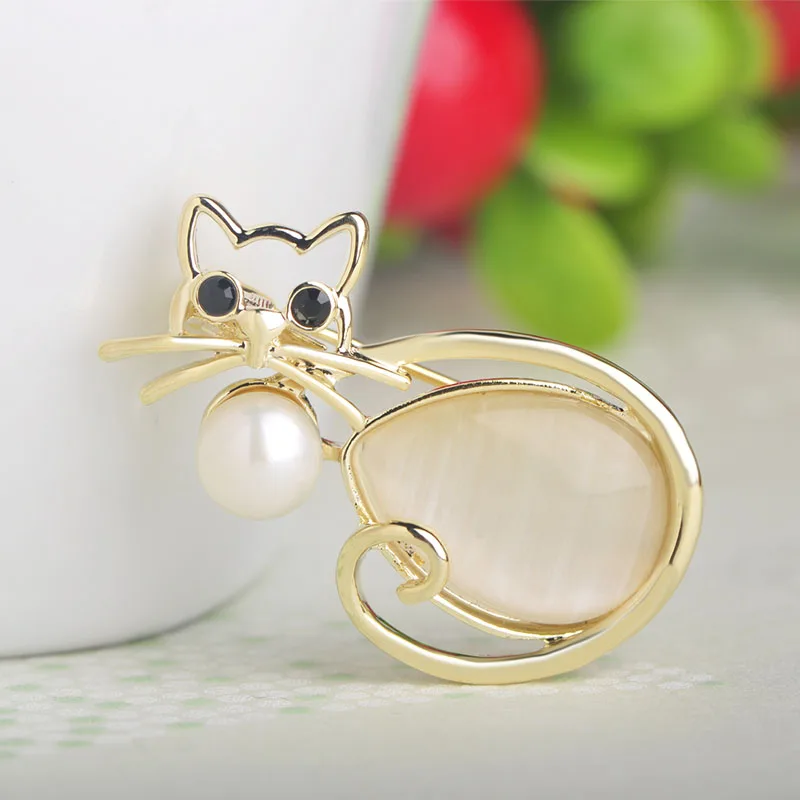 

Blucome Cute Kitten Cat Shape Brooch Simulated Pearl Opal Brooches Suit Bag Scarf Hat Pins Jewelry For Women Clothes Accessories