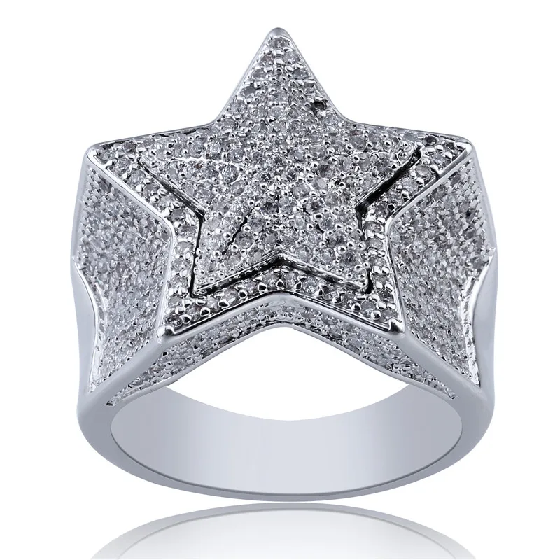 

OMYFUN Silver Color Lucky Star Ring Hip Hop Men Ring Hiphop Bling Jewelry CZ Iced Pave Rings Fashion Party Jewelry Free Shipping