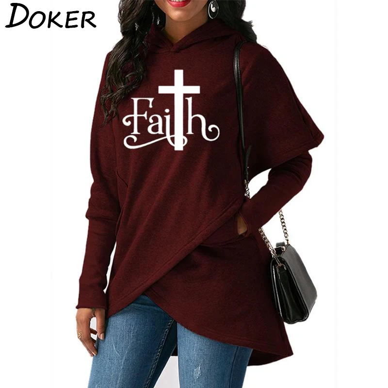  2019 Autumn New Faith Letter Print Fashion Hoodies Sweatshirts Women Hooded Pullover Sweatshirt Fem