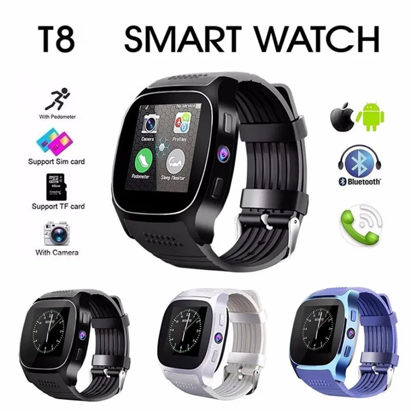 

T8 Bluetooth Smart Watch Support SIM TF Card with Camera Sports Wristwatch Music Player Push Message Pedometer for IOS Android