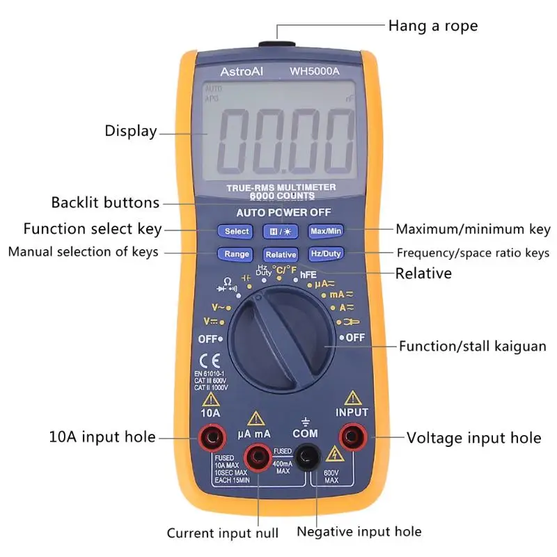 

Handheld LCD Digital Electronic Multimeter AC/DC Ammeter Voltmeter Ohm Frequency Diode Testing -20-1000C Temperature Test Device