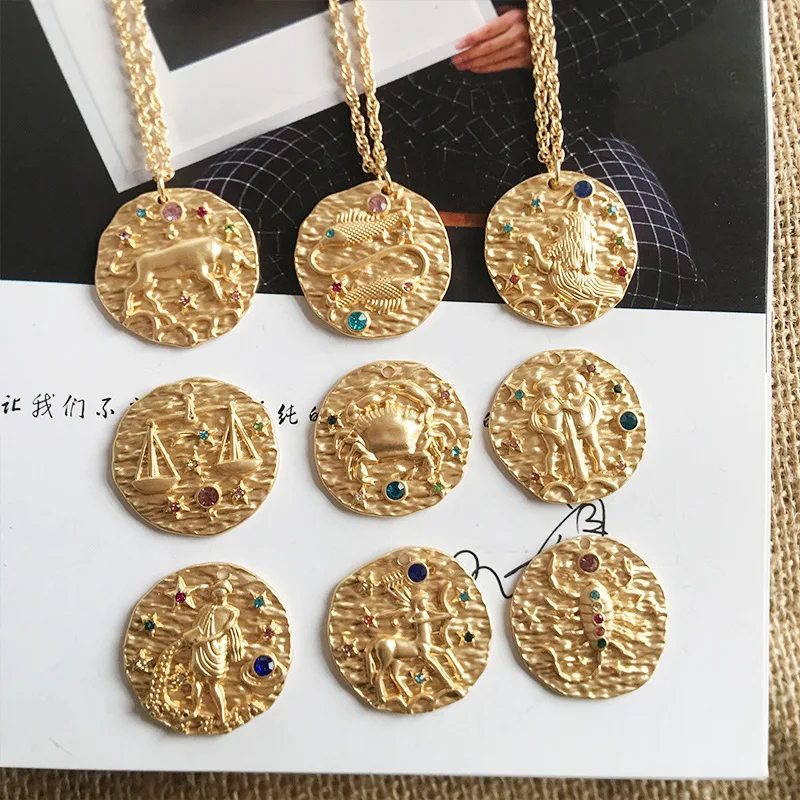 

Random Mosaic Gold Pendant Necklace Zodiac constellation Baroque dream New Vintage Embossed coin necklace