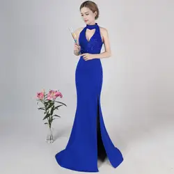 Мода 2017 г. Длинные Плюс Размеры Вечерние платья пикантные современные китайские традиционные женское платье Cheongsam Qipao Vestido Восточный Синий