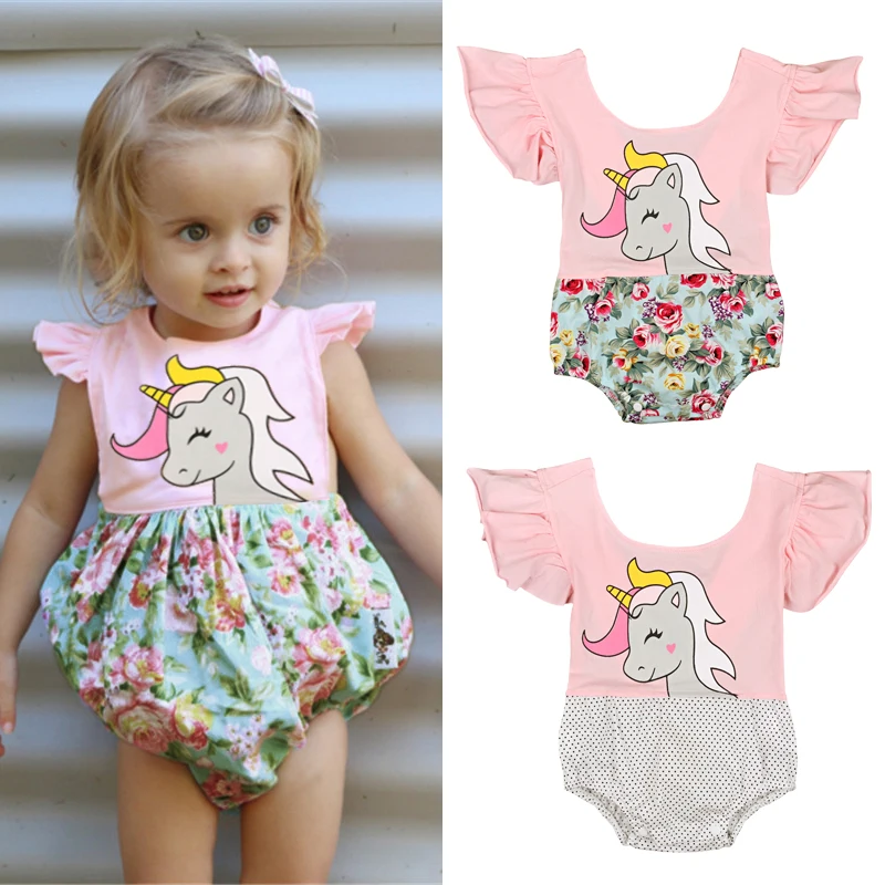 Для новорожденных одежда для малышей девочек Единорог одежда оборками Цветочные Лоскутное принцесса девушки комбинезон Детские комбинезоны пляжный костюм для 4-24 м