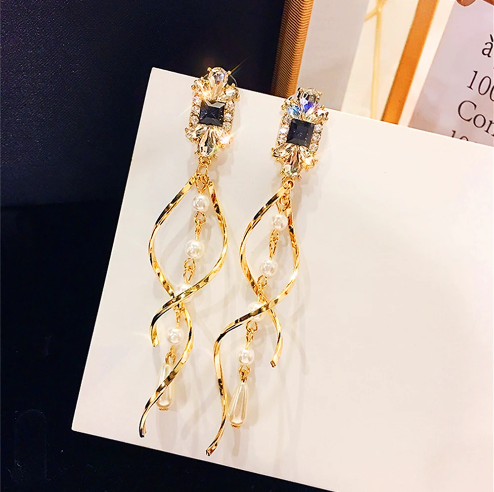 

Ladies fashion crystal texture pearl twisted tassel long earrings allergy resistant, gorgeous embellishments for parties