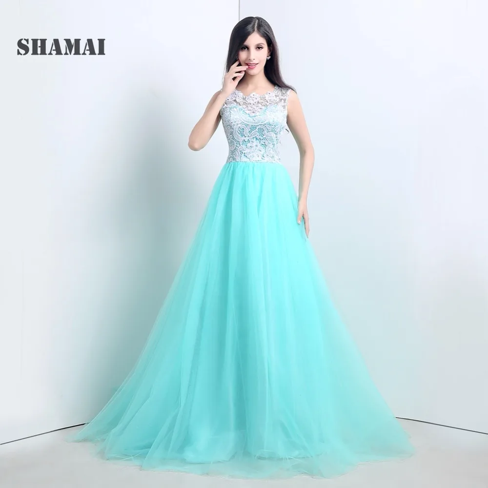 

SHAMAI In stock Free shipping Cheap White Lace Top Green Tulle Wedding Party Dress Sleeveless Prom Dress Homecoming Gown
