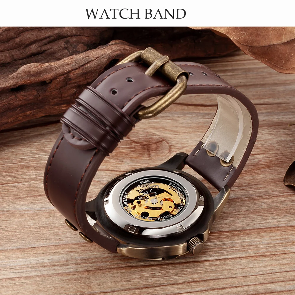 SHENHUA Retro Bronze Skeleton Mechanical Watch Men Automatic Watches Sport Luxury Leather Watch Relogio Masculino
