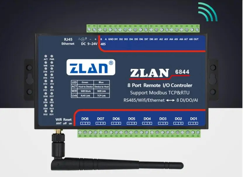 ZLAN6844 RS485 Wifi Ethernet RJ45 8 каналов DI AI DO RS485 Modbus I/O Модуль RTU сборщик данных пульт дистанционного управления Модуль платы