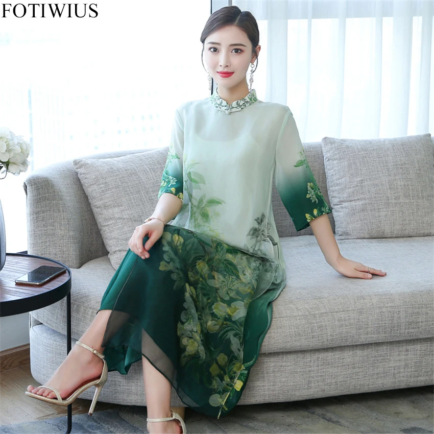 

2019 Summer Plus Size Silk Dress High Quality Fashion Dresses Women Half Sleeve Casual Shirt Dress Chinese Style Robe Femme