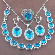 Элегантное голубое небо Кубический Цирконий 925 пробы серебро 4 шт. набор украшений для женщин серьги ожерелье кулон кольцо браслет YZ094