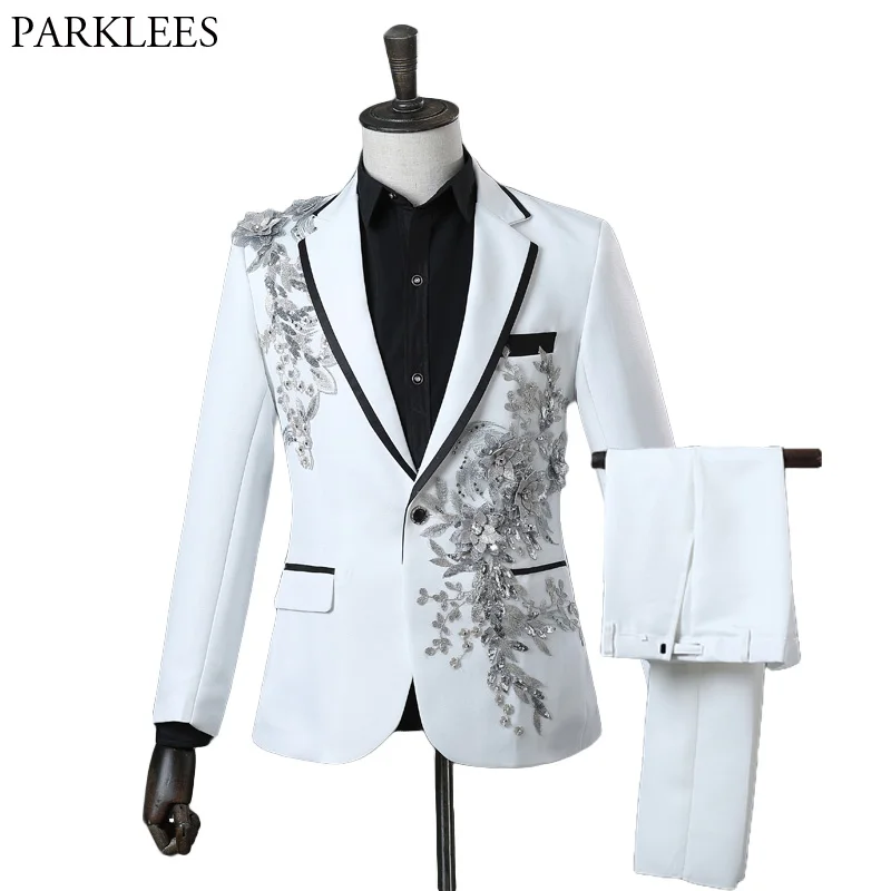 Fashion 3D Flower Embroidery Suit Men Shiny Sequins Mens White Suits