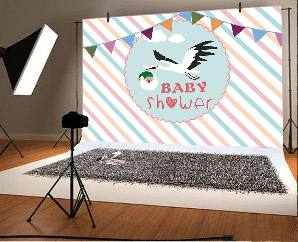 Laeacco Baby Shower Cartoon Crane Flag Diagonal Stripes Photo Backgrounds Customized Photography Backdrops For Photo Studio