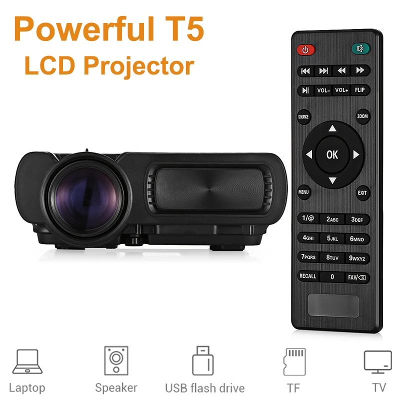 

Powerful T5 LCD Projector High-Definition Multimedia Portable Mini Projector 1000lm 2000 : 1 LCD With Speaker Support 3D TF Card