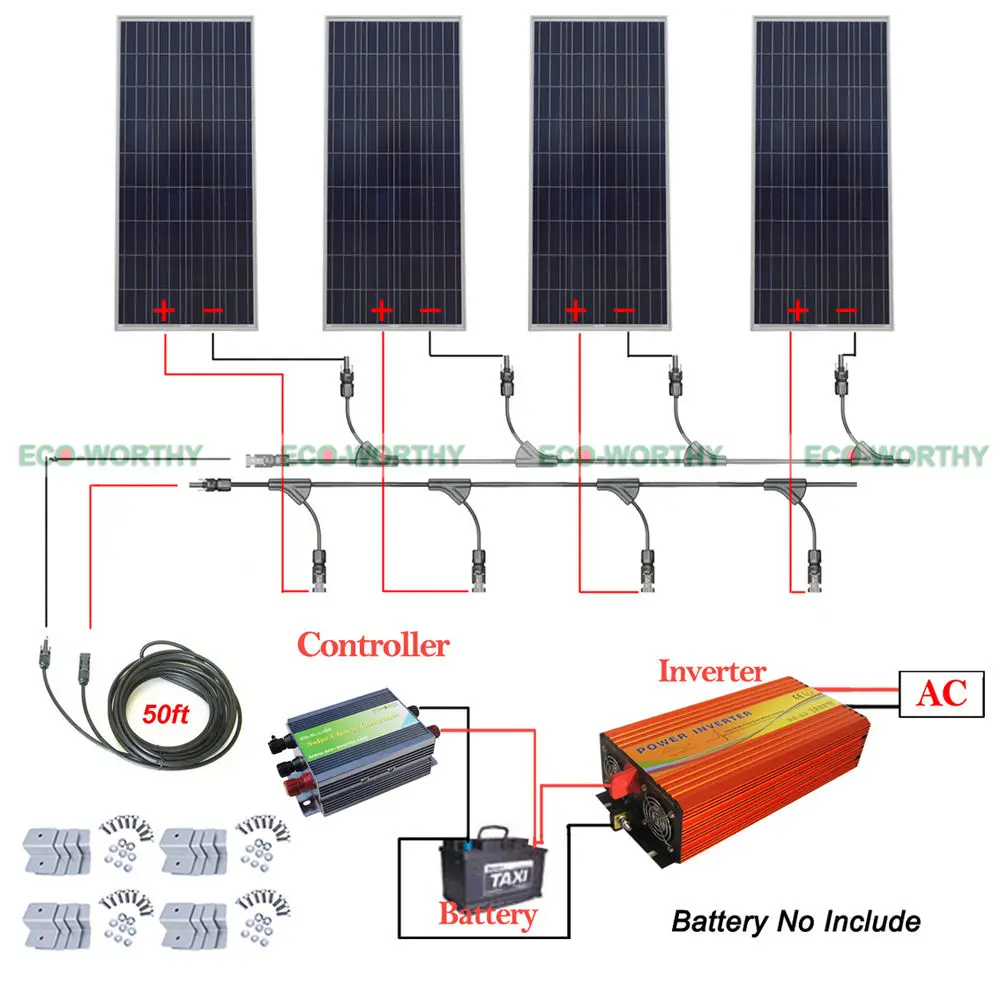 

600W 12V Off Grid System Kit 4x 150W Solar Panel 1KW Pure Sine Wave Inverter